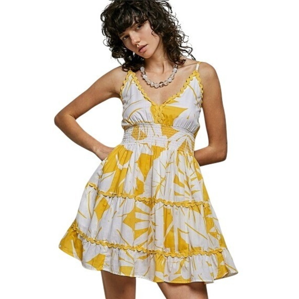 POL NWT 100% Cotton Yellow Tropical Floral Smocked Ruffle Boho Mini Sundress S